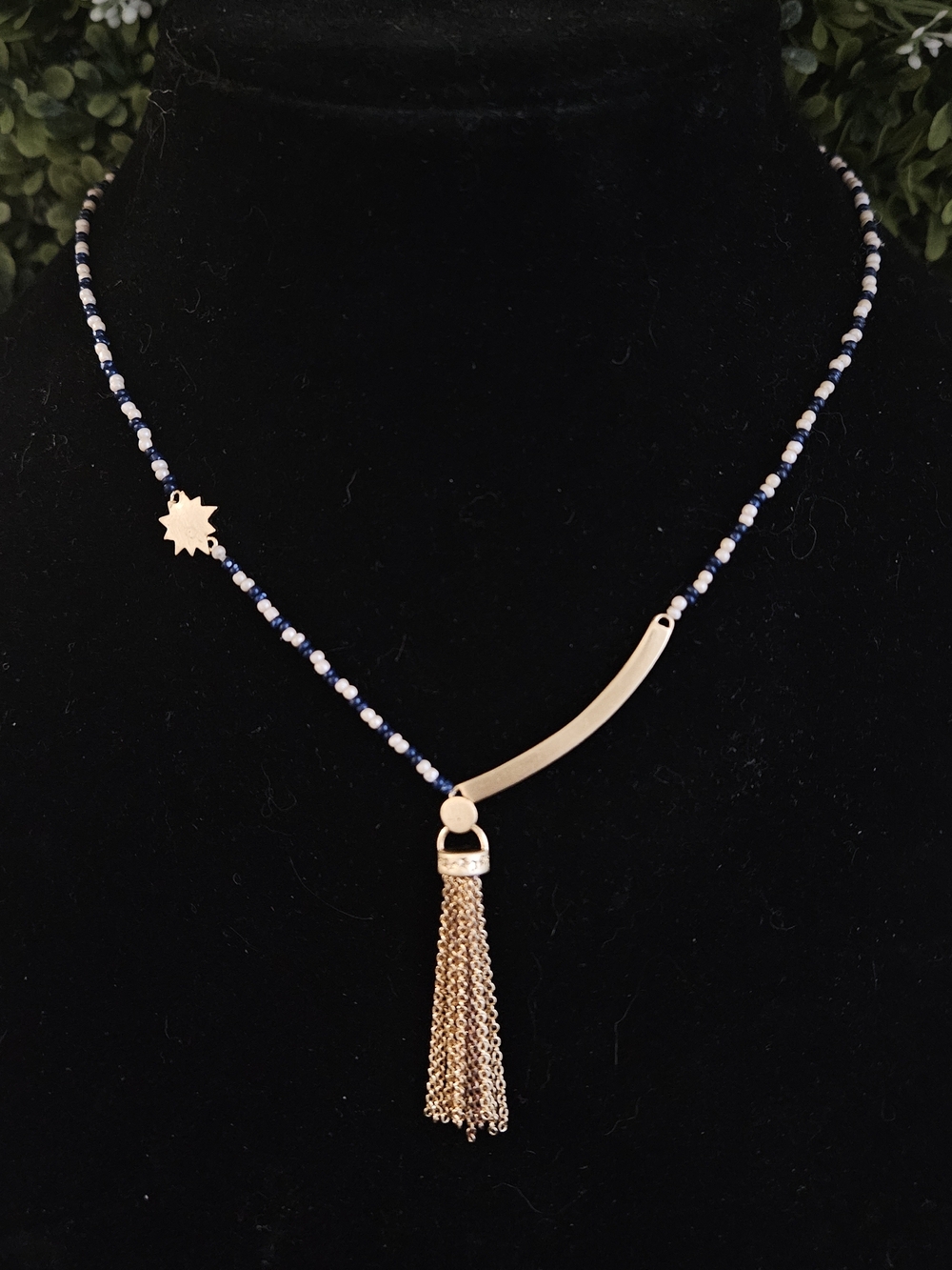 Celestial Blue and White Beaded Necklace with Golden Star, Bar, and Tassels